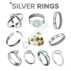 各种设计订婚金钻石和传统婚环的组合集豪华装饰品配件符合实际的3d插图不同的明银金属环矢量图片