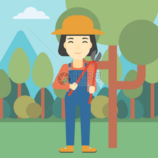 园艺女工修剪树叶卡通矢量插画