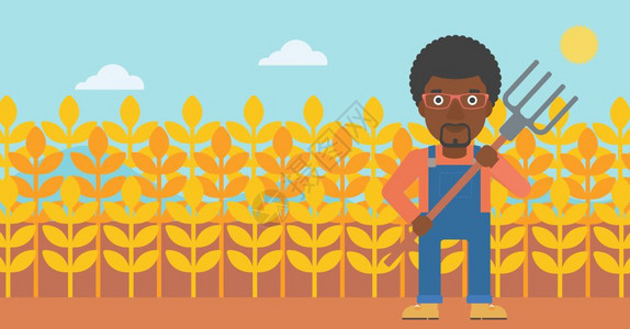 农家土菜手持草叉站在菜地里的非裔农民插画