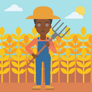 农家土菜手持草叉站在菜地里的非裔女性农民插画