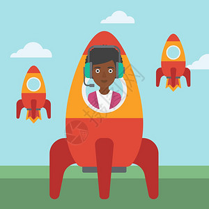 黑人女性乘坐火箭卡通矢量插画图片