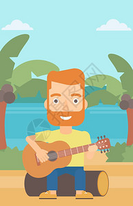 热带海滩弹吉他的男人矢量插画图片