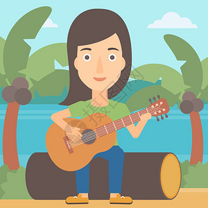 热带海滩弹吉他的女人图片