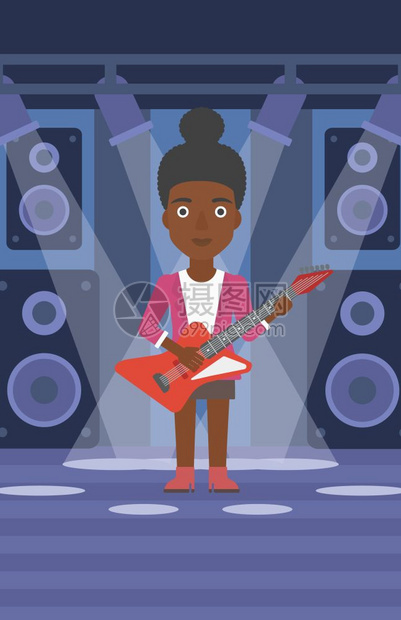 一名在舞台上玩电吉他的非裔女子矢量图图片