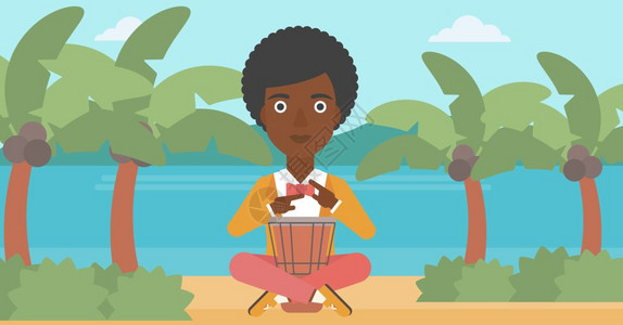 红烧鸡腿一名非洲美国人在热带海滩背景上演奏手鼓插画