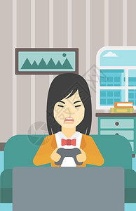 在家里用手柄玩游戏的生气的女人矢量插画图片