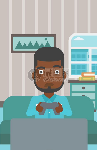 坐在沙发上玩游戏的非裔男子矢量图图片