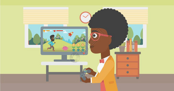 在客厅玩游戏的开心的非裔女子图片