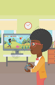 一名在客厅玩游戏的开心的非裔女子图片
