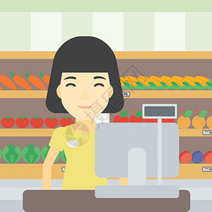 处晷一名年青的轻女出纳员站在超市结账处一名女出纳员站在超市结账处