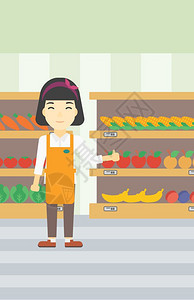 在蔬菜和水果货架旁竖起大拇指的女员工矢量插图图片