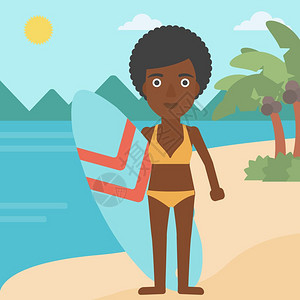 一名非洲美女冲浪手在海滩上架着冲浪板矢量图图片