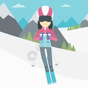 一名在雪山滑雪的女士卡通矢量插画图片
