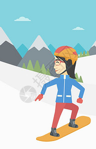 骑哈雷在雪山上滑雪的女运动员插画