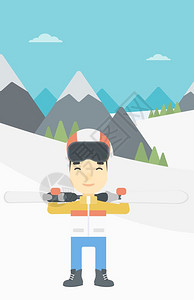 雪山上背着滑雪双板的男子矢量图图片