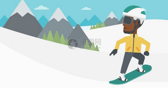 在雪峰上滑雪的非裔男子矢量插图图片