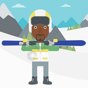 在雪山上背着滑雪双板的非裔男子图片