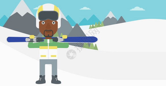 一名在雪山上背着滑雪双板的非裔男子图片