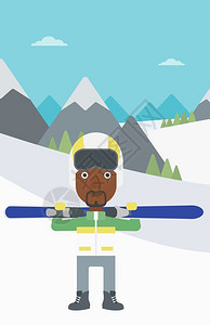 在雪山上背着滑雪双板的非裔男子矢量图图片