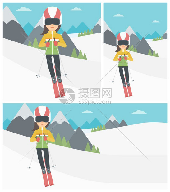 在雪山滑雪的年轻女性图片