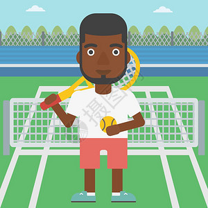 一名非洲美国网球运动员站在场上男网球运动员矢量插图图片