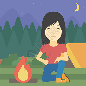 森林里露天营地点燃篝火的女人插画图片
