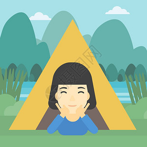 森林里帐篷里出来的女人插画图片