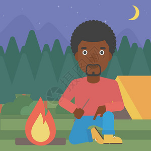 森林里露天营地点燃篝火的黑人插画图片