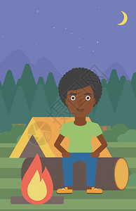 坐在露营地篝火旁的非裔女子矢量图图片