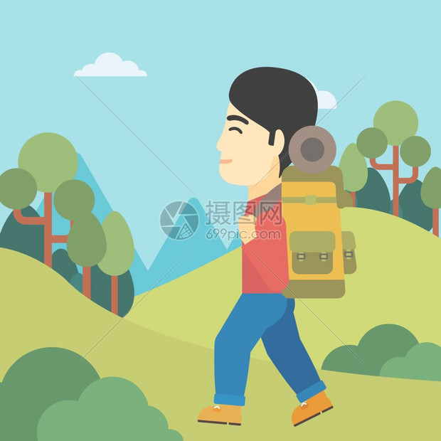 在山上徒步的背包客图片