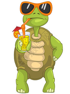 卡通滑稽海龟喝饮料矢量插图图片
