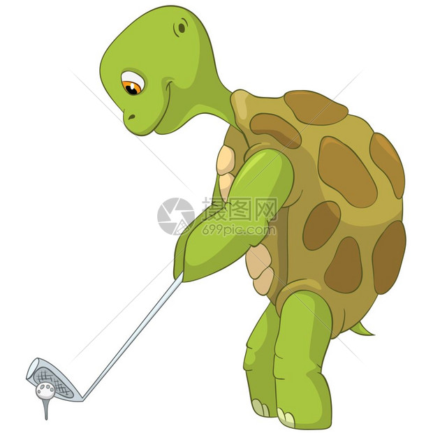 卡通滑稽海龟打高尔夫球矢量插图图片