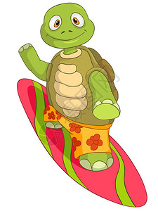 卡通可爱海龟冲浪矢量插图图片