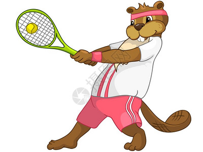 拍核磁共振卡通可爱海狸打网球矢量插图插画