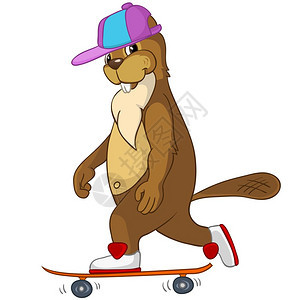 卡通可爱海狸滑滑板矢量插图图片