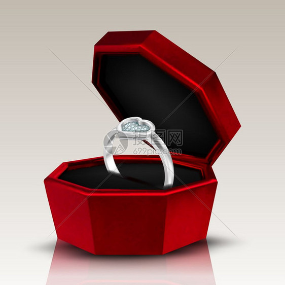 红盒的浪漫礼物结婚纪念日用雕刻的宝石给爱女人戒指珠宝配件现实的三维插图戒指矢量的心形钻石图片