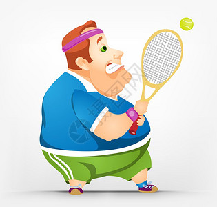 卡通打网球中年男胖子矢量插图图片