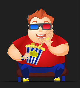 丰满吃爆米花的胖子卡通矢量形象插画