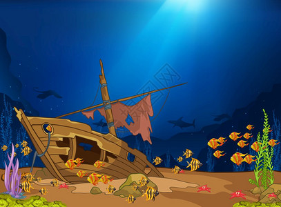 人 海底水下世界沉船插画
