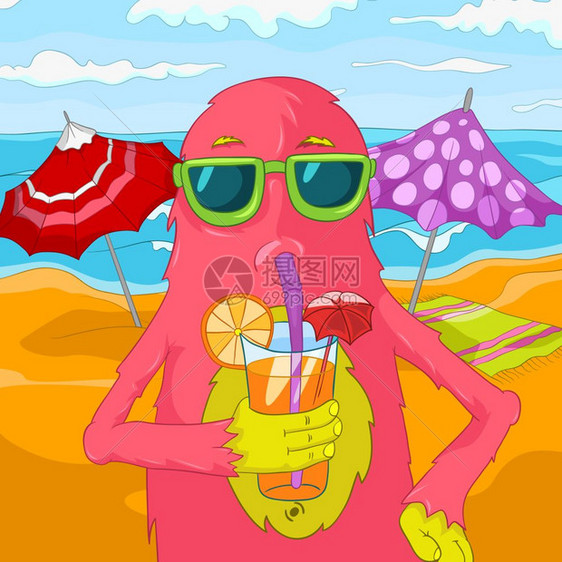 卡通可爱粉红色怪兽海滩上喝饮料矢量插图图片