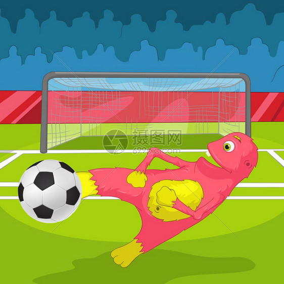 卡通可爱粉红色怪兽踢足球矢量插图图片