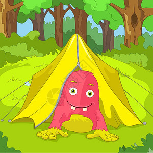 卡通可爱粉红色怪兽露营矢量插图图片