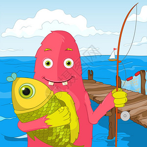 卡通可爱粉红色怪兽钓鱼矢量插图图片