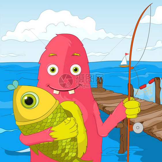 卡通可爱粉红色怪兽钓鱼矢量插图图片