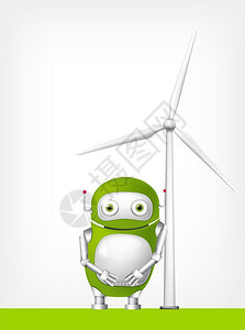 绿色卡通机器人和发电风车图片