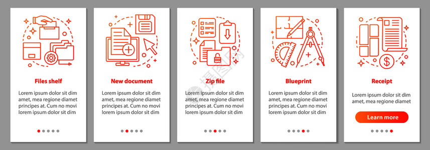 包含线概念的移动应用程序页面屏幕上的移动大数据文件存储新档拉链件蓝图接收步骤形指示uxi带有插图的gui矢量模板包含线概念的移动图片