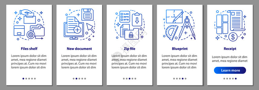 包含线概念的移动应用程序页面屏幕上的移动大数据文件存储新档拉链件蓝图接收步骤形指示uxi带有插图的gui矢量模板包含线概念的移动图片