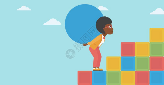 西西弗斯商业概念背着巨大的球登山的非裔女商人插画插画