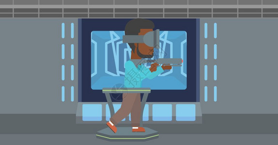 便捷式游戏机一名身着虚拟现实头盔的非裔男子插画