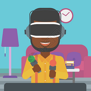 非洲身穿虚拟现实头盔手持运动控制器男子在公寓里玩电游戏矢量平面设计插图图片